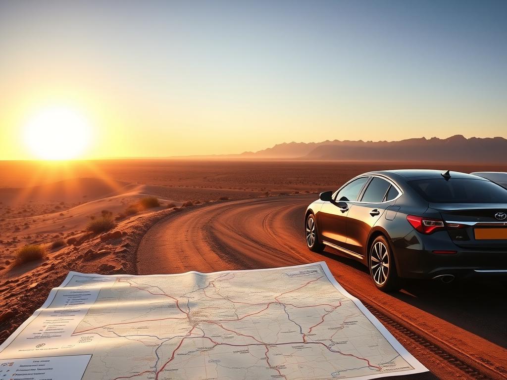 A serene desert landscape unfolds, the sun's warm glow casting a soft, inviting light across the vast expanse. In the foreground, a rental car navigates a winding, dusty road, its sleek lines and gleaming chrome hinting at the adventures to come. The middle ground features a detailed map, its routes and destinations meticulously plotted, guiding the traveler's journey through the rugged terrain. In the distance, majestic mountains rise, their peaks silhouetted against a cloudless azure sky, promising hidden wonders and endless exploration. The overall scene conveys a sense of freedom, self-reliance, and the thrill of the open road, perfectly capturing the essence of a solo road trip through the captivating landscapes of South Africa.