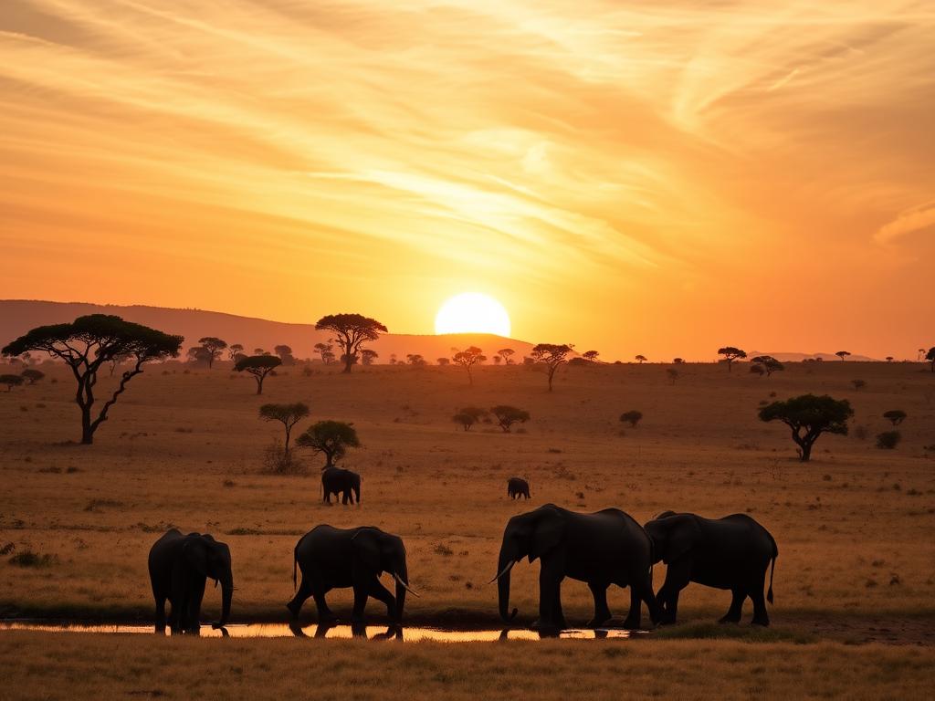 A serene landscape in Tarangire National Park, Tanzania, during the dry season. The foreground features a herd of elephants drinking from a watering hole, their massive forms silhouetted against the golden, sun-dappled savanna. In the middle ground, acacia trees dot the rolling hills, casting long shadows as the sun dips low in the sky. The background is dominated by a dramatic cloudscape, with wispy cirrus streaks painting the sky in shades of orange and pink, creating a breathtaking, tranquil atmosphere. The image is captured with a wide-angle lens, emphasizing the vastness and beauty of this iconic African wilderness during the prime wildlife viewing period.