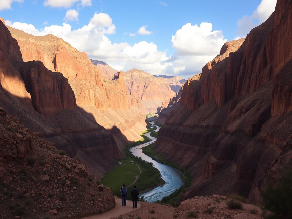 A serene landscape of the Todra Gorge in the High Atlas Mountains of Morocco. The towering, ochre-hued limestone cliffs rise majestically on either side, casting dramatic shadows across the winding river below. Patches of lush greenery dot the canyon floor, contrasting with the rugged, weathered rock formations. Soft, diffused sunlight filters through scattered clouds, creating a warm, golden hue that illuminates the scene. In the foreground, a small group of hikers navigates the well-worn trail, their silhouettes providing a sense of scale and human presence within this magnificent natural wonder. The overall atmosphere conveys the tranquility and awe-inspiring beauty of this geological marvel, inviting the viewer to imagine the perfect weather conditions for an unforgettable journey through the Todra Gorge.