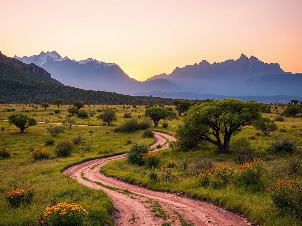 A serene landscape showcasing the diverse regional differences of South Africa. In the foreground, a winding dirt path leads through a lush, rolling savanna dotted with acacia trees and vibrant wildflowers. In the middle ground, rugged mountains rise up, their peaks capped with snow. The background is dominated by a vast, open sky, painted in hues of orange and pink as the sun sets, casting a warm glow over the entire scene. The lighting is soft and diffused, creating a sense of tranquility and wonder. Capture the essence of South Africa's regional treasures, inviting the viewer to explore and discover the hidden gems that await.