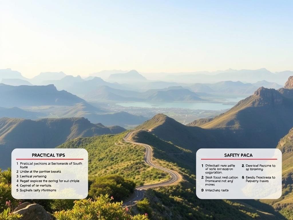 A serene landscape showcasing the iconic Panorama Route of South Africa, with a foreground of practical travel tips and safety information presented in a clean, minimal style. The middle ground features scenic overlooks, winding roads, and lush vegetation typical of this breathtaking region. The background depicts the vast, majestic mountains and valleys that characterize the area. The lighting is soft and diffused, creating a warm, inviting atmosphere. The overall composition emphasizes the harmony between the informative elements and the awe-inspiring natural beauty of the Panorama Route.