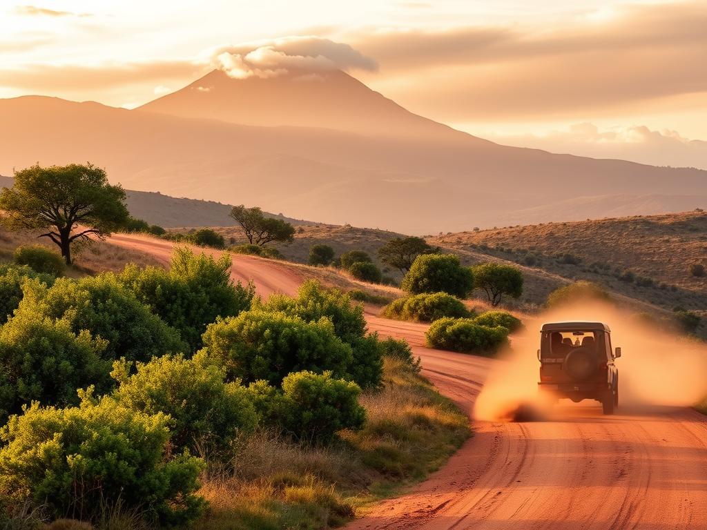 A serene landscape with a winding dirt road leading towards the iconic silhouette of Mount Kilimanjaro. In the foreground, a safari vehicle traverses the dusty path, kicking up a plume of ochre-colored dust. Lush, verdant bushes and acacia trees dot the rolling hills, providing a natural canvas for the majestic mountain backdrop. Warm, golden light filters through wispy clouds, casting a soft, inviting glow over the scene. The composition captures the essence of arriving at the Amboseli National Park, where the promise of wildlife encounters and breathtaking vistas awaits the adventurous traveler.