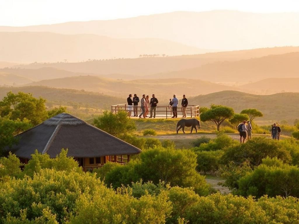 A serene landscape within the Hluhluwe-iMfolozi Park, showcasing the diverse accommodation and leisure options available to visitors. In the foreground, a cozy safari lodge with thatched roofs nestled among lush vegetation, inviting guests to relax and enjoy the tranquility of the African wilderness. In the middle ground, a group of people engaged in various outdoor activities, such as hiking, birdwatching, or exploring a scenic viewpoint. The background features rolling hills, dotted with trees and wildlife, creating a breathtaking panoramic view. The lighting is warm and golden, capturing the essence of the African sunset, and the overall atmosphere exudes a sense of adventure, relaxation, and immersion in the natural wonders of the park.