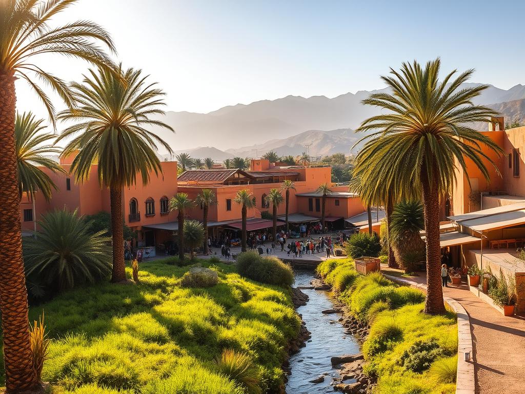 A serene oasis in the heart of Tinghir, Morocco, bathed in warm, golden sunlight. Towering date palms sway gracefully, their fronds casting intricate shadows on the ochre-hued buildings below. In the foreground, a tranquil stream meanders through a lush, verdant landscape, its waters reflecting the vibrant greenery and the striking Berber architecture. The middle ground reveals a bustling local market, where vendors offer an array of colorful produce and handcrafted wares. In the distance, the majestic peaks of the Atlas Mountains rise, creating a picturesque backdrop to this enchanting scene. A sense of timeless harmony pervades the setting, inviting the viewer to immerse themselves in the rich cultural tapestry of Tinghir.