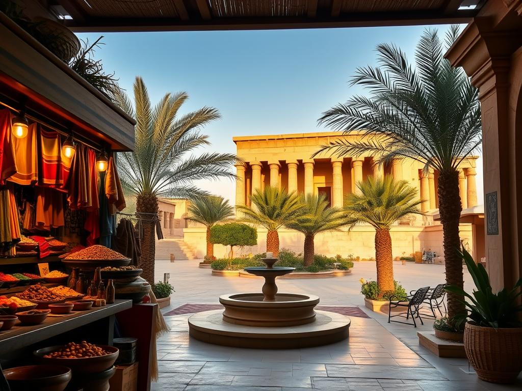 A serene oasis in the heart of ancient Luxor, showcasing practical travel tips for your stay. The foreground features a traditional Egyptian market stall, brimming with vibrant spices, textiles, and local crafts. In the middle ground, a tranquil courtyard with a central fountain and lush palm trees, inviting visitors to rest and explore. The background depicts the iconic Luxor Temple, its majestic columns and hieroglyphic-adorned walls bathed in the warm, golden light of the setting sun. The overall scene conveys a sense of cultural immersion, rich history, and the essential tips for a memorable Luxor experience.