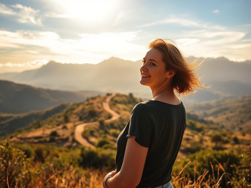 A serene outdoor scene in South Africa, showcasing the personal growth and security experienced by a solo female traveler. In the foreground, a woman stands confidently, gazing out at the sweeping landscape of rolling hills, lush vegetation, and a distant mountain range. Warm, golden sunlight filters through wispy clouds, casting a gentle glow on the scene. The woman's expression radiates a sense of inner peace and fulfillment, reflecting the empowerment and self-discovery that can come from solo travel. In the middle ground, a winding path leads deeper into the picturesque countryside, hinting at the adventures and discoveries that await. The overall atmosphere conveys a balance of tranquility and personal growth, encapsulating the joys and challenges of independent travel for women in South Africa.