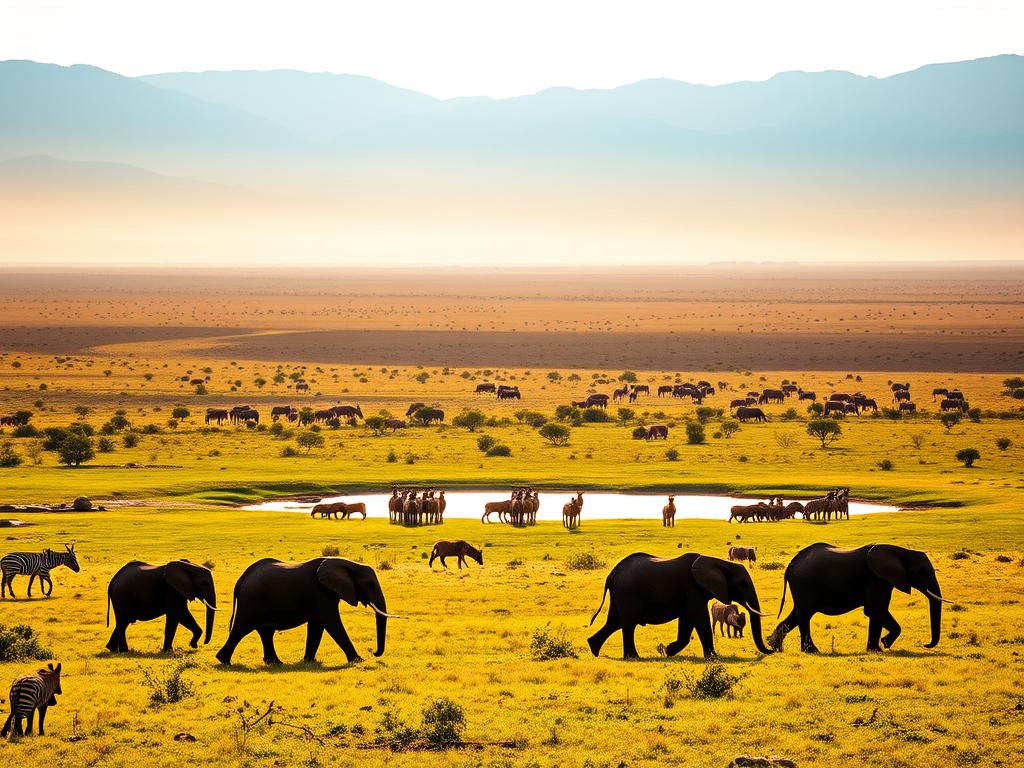 A serene panorama of the Etosha National Park in Namibia. In the foreground, a herd of elephants gracefully wanders through the lush, verdant savanna, their massive frames silhouetted against the warm, golden light of the setting sun. The middle ground reveals a tranquil watering hole, where a diverse array of wildlife, from lions to zebras, gather to quench their thirst. In the distance, the majestic, rolling hills of the park stretch out, cloaked in the soft, hazy blue of the African sky. The scene is imbued with a sense of adventure and the timeless wonder of the natural world, perfectly capturing the essence of "Traumhafte Aktivitäten und Abenteuer" in Namibia.