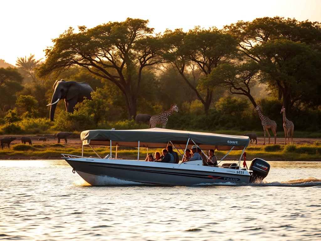 A serene safari cruise along the Chobe River, Botswana. In the foreground, a sleek boat glides across the tranquil waters, its occupants peering intently at the wildlife along the banks. The middle ground reveals a lush, verdant shoreline teeming with elephants, giraffes, and other majestic creatures. In the background, a warm, golden light filters through the canopy of towering trees, casting a dreamlike glow over the entire scene. The composition is balanced, with the boat positioned slightly off-center, allowing the viewer to take in the full breadth of the natural wonder surrounding it. The mood is one of awe and adventure, inviting the observer to embark on a captivating safari experience.