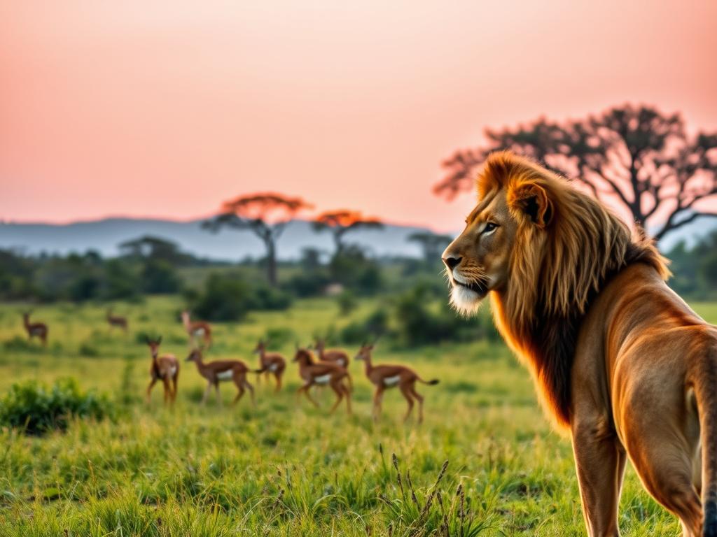 A serene safari scene in the lush African savanna. In the foreground, a majestic lion surveys its domain, its golden coat shimmering in the warm afternoon light. In the middle ground, a herd of graceful gazelles bound across the grassy plain, their sleek forms caught in mid-stride. In the background, a line of acacia trees silhouetted against a vibrant orange-pink sky, hinting at the approaching golden hour. The composition is balanced and dynamic, capturing the essence of the quintessential African wildlife experience. Soft, diffused lighting and a sense of depth create an atmospheric, immersive scene that transports the viewer to the heart of the Garden Route.