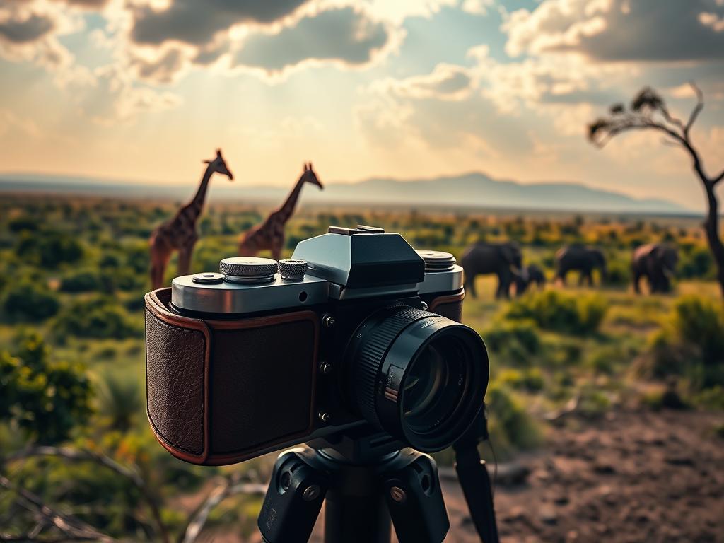A serene safari scene unfolds before the viewer's eyes. In the foreground, a weathered, leather-bound camera rests on a sturdy wooden tripod, its lens poised and ready to capture the wonders of the wild. The middle ground reveals a breathtaking panorama of the African savanna, with majestic giraffes gracefully navigating the lush, verdant landscape, their long necks silhouetted against a vibrant, golden-hued sky. In the distance, a herd of elephants emerges, their massive forms casting dramatic shadows on the sun-dappled terrain. The composition is masterfully balanced, with the camera's position creating a sense of immersion and the lighting casting a warm, contemplative mood over the entire scene.