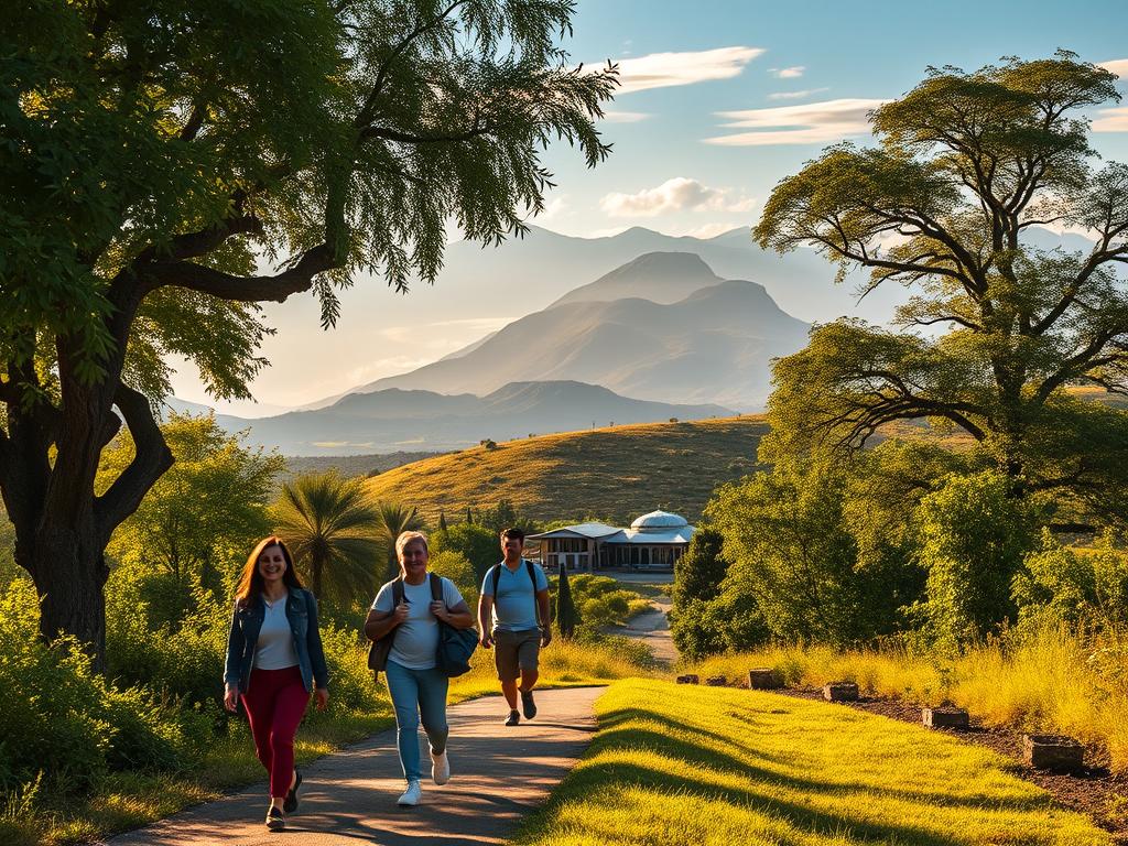 A serene, sun-dappled landscape showcasing the advantages of safe travel destinations in Africa. In the foreground, a group of travelers strolling along a well-maintained path, their expressions radiating contentment and security. Lush, verdant foliage frames the scene, with towering trees casting gentle shadows. In the middle ground, a picturesque village nestled amidst rolling hills, its structures reflecting a harmonious blend of traditional and modern architectural styles. The background gradually fades into a breathtaking panorama of majestic mountains, their peaks touched by wispy clouds. Warm, golden lighting illuminates the entire composition, evoking a sense of tranquility and safety. The overall atmosphere conveys the reassuring and rewarding nature of exploring Africa's secure travel destinations.