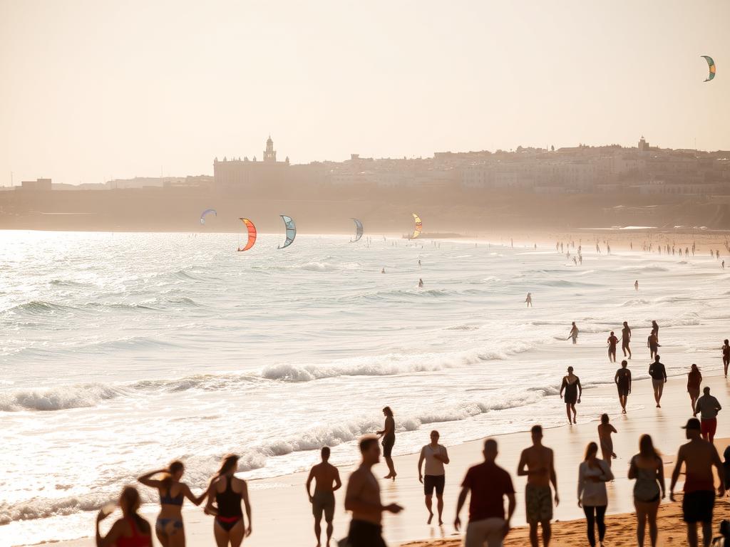 A serene, sun-drenched beach in Essaouira, Morocco. In the foreground, people engage in various water sports, their silhouettes dancing against the glistening waves. The middle ground features colorful kites and windsurfers gliding across the turquoise waters, while the background showcases the historic ramparts and whitewashed buildings of the Essaouira medina. The scene is bathed in a warm, golden light, creating a tranquil and inviting atmosphere. The image captures the essence of relaxation and adventure that embodies the Essaouira beach experience. A serene, sun-drenched beach in Essaouira, Morocco. In the foreground, people engage in various water sports, their silhouettes dancing against the glistening waves. The middle ground features colorful kites and windsurfers gliding across the turquoise waters, while the background showcases the historic ramparts and whitewashed buildings of the Essaouira medina. The scene is bathed in a warm, golden light, creating a tranquil and inviting atmosphere. The image captures the essence of relaxation and adventure that embodies the Essaouira beach experience.