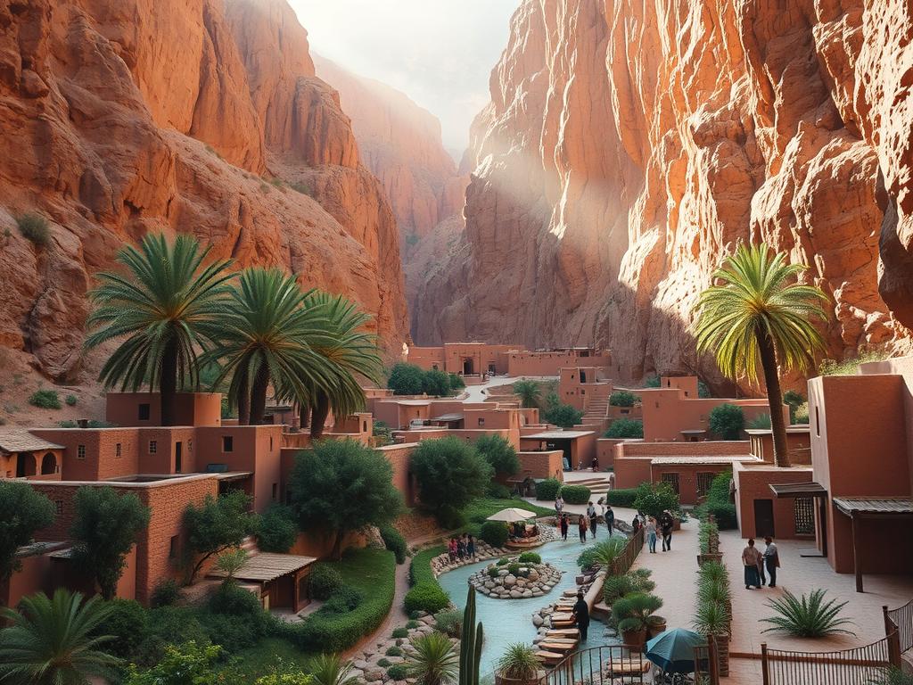 A sprawling adobe village nestled in the rugged Todra Gorge, with traditional mud-brick structures and towering palm trees framing the dramatic limestone cliffs. Sunlight filters through the narrow canyon, casting warm, golden hues across the serene scene. In the foreground, a tranquil stream meanders through the lush greenery, while local residents move about, tending to their daily tasks. The middle ground features a cluster of cozy guest accommodations, their simple yet charming architecture blending seamlessly with the natural surroundings. In the background, the towering, rust-colored walls of the gorge rise majestically, creating a sense of shelter and seclusion. An oasis of calm and rustic hospitality amid the stunning natural beauty of the Todra Gorge.