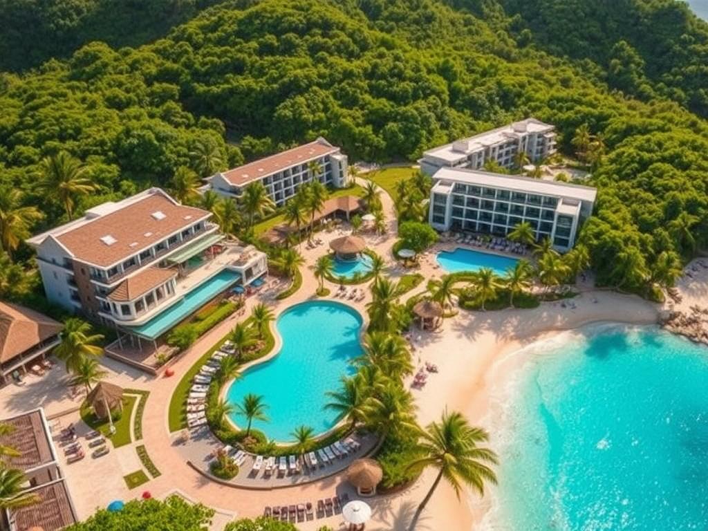 A sprawling luxury resort nestled amidst lush tropical foliage, with modern multi-story hotels and villas arranged along a pristine white sand beach. Guests relax by the shimmering turquoise pool, sipping refreshing cocktails as the warm sun bathes the scene in a golden glow. Well-manicured pathways wind through the property, leading to world-class amenities like spas, restaurants, and activity centers. Towering palms sway gently in the breeze, complementing the serene, upscale ambiance. High-quality infrastructure and attention to detail create an idyllic, 5-star tourist experience.