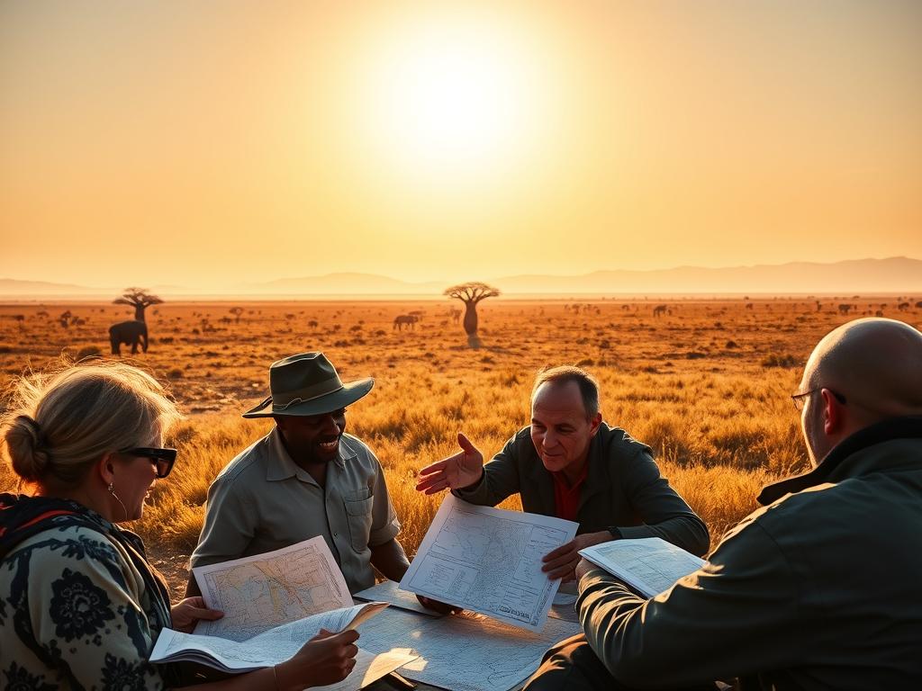 A stunning African savanna landscape unfolds under the warm golden glow of the midday sun. In the foreground, a group of safari travelers meticulously pore over maps and itineraries, their expressions a mix of excitement and careful planning. In the middle ground, a skilled guide gestures animatedly, sharing insights and logistics as they prepare for the upcoming journey. In the distance, the silhouettes of majestic baobab trees and distant mountains create a sense of scale and adventure. The overall mood is one of anticipation and wonder, capturing the essence of the "Planung und Vorbereitung Ihrer Safari" experience.