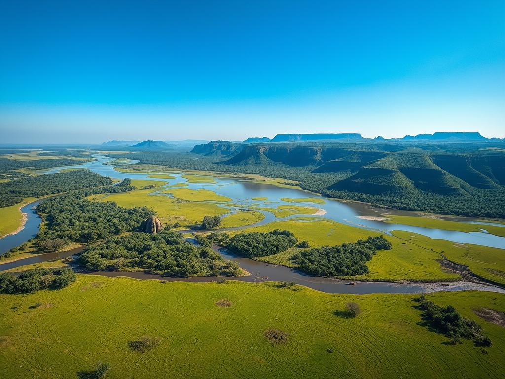 A stunning aerial view of the Chobe National Park in Botswana, captured with a wide-angle lens. The lush, green floodplains stretch out in the foreground, dotted with meandering rivers and lakes that reflect the clear, blue sky above. In the middle ground, the iconic silhouettes of towering baobab trees and lush riparian forests line the banks, while in the distance, the rugged Chobe escarpment rises majestically, its rocky outcrops and ravines casting dramatic shadows across the landscape. Soft, diffused lighting illuminates the scene, creating a sense of tranquility and timelessness. The overall composition conveys the park's strategic geographic location, nestled between the Zambezi and Chobe rivers, and its diverse, unspoiled natural beauty.