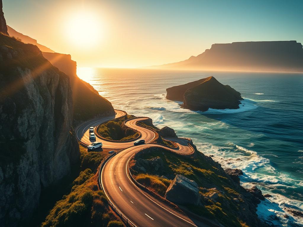A stunning coastal route along the rugged shores of Cape Town, South Africa. Dramatic cliffs plunge into the churning azure waters of the Atlantic Ocean, framed by a tapestry of lush greenery. The sun's golden rays cast a warm glow over the scene, illuminating the winding road that hugs the contours of the coastline. Sleek luxury cars glide effortlessly through the scenic vistas, captivating travelers with the raw beauty of this picturesque route. In the distance, the iconic Table Mountain stands as a majestic backdrop, its flat-topped silhouette casting long shadows across the landscape. This is the Küstenroute Kapstadt, a breathtaking coastal drive that showcases the natural splendor of South Africa's stunning Western Cape region.