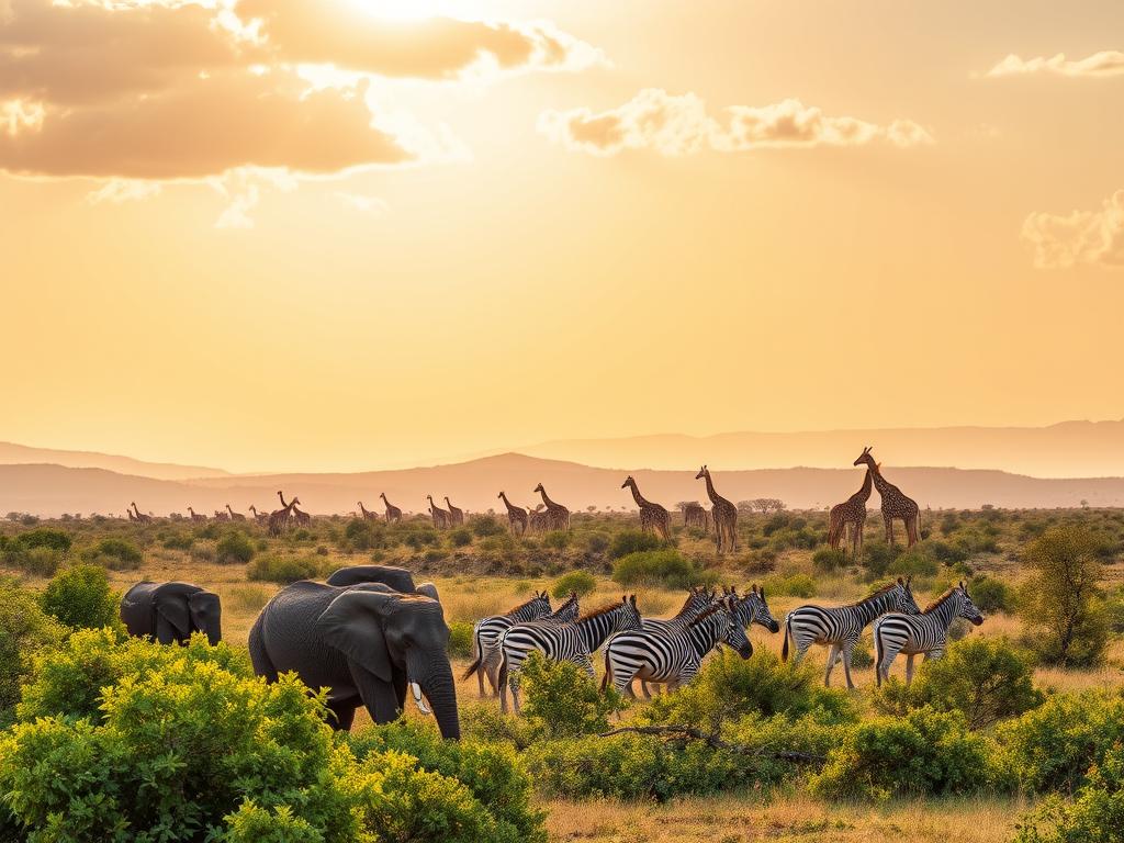 A stunning landscape showcasing the diverse seasonal highlights of a South African safari. In the foreground, a group of elephants majestically roam through lush, verdant foliage, their trunks gently swaying. In the middle ground, a herd of zebras grazes peacefully against a backdrop of rolling hills and a vibrant, cloudless sky. In the distance, the silhouettes of giraffes tower over the horizon, their long necks reaching towards the sun. Warm, golden lighting illuminates the scene, casting a soft, dreamy glow. The overall atmosphere evokes a sense of tranquility and the natural rhythms of the seasons, perfectly capturing the essence of the "Monatsspezifische Reisezeiten und Tipps" section.