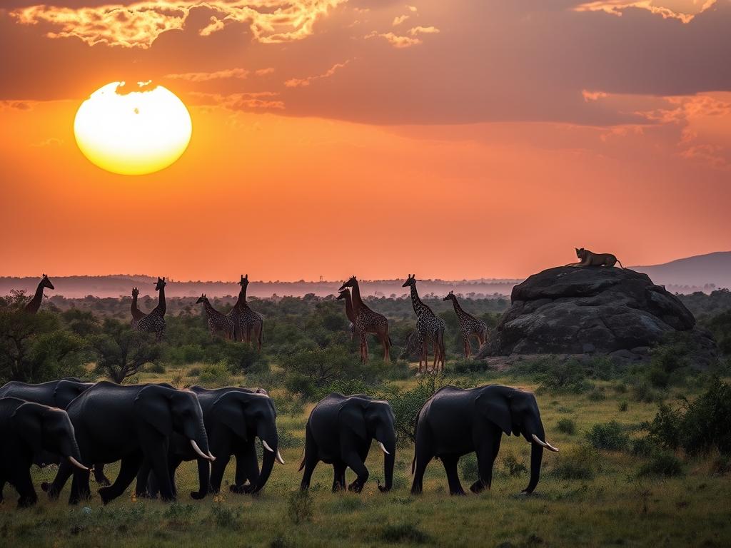 A stunning wildlife safari scene in the heart of Chobe National Park, Botswana. In the foreground, a herd of majestic elephants grazes peacefully, their powerful forms silhouetted against a warm, golden-hued sunset. In the middle ground, a group of graceful giraffes sway their long necks, casting elongated shadows across the lush, verdant landscape. In the distance, a pride of lions lounges atop a rocky outcrop, their regal gazes surveying the breathtaking vista. Dramatic lighting casts dramatic shadows, heightening the sense of drama and adventure. Captured with a wide-angle lens to immerse the viewer in the grandeur of this remarkable safari experience.