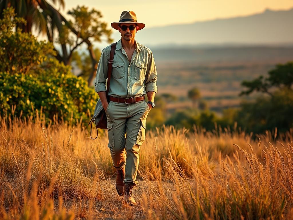A stylish and individualistic safari-inspired outfit captured in a natural, outdoor setting. In the foreground, a person confidently strides through tall grass, wearing a tailored linen shirt, khaki cargo pants, and sturdy leather boots. Accessories like a wide-brimmed hat and a leather satchel complete the look. The mid-ground features a backdrop of lush, verdant foliage, while the background showcases the sweeping vistas of an African savanna, with distant mountains and a warm, golden-hour lighting that casts a soft, atmospheric glow. The overall mood evokes a sense of adventure, exploration, and personal style within the context of the safari aesthetic. A stylish and individualistic safari-inspired outfit captured in a natural, outdoor setting. In the foreground, a person confidently strides through tall grass, wearing a tailored linen shirt, khaki cargo pants, and sturdy leather boots. Accessories like a wide-brimmed hat and a leather satchel complete the look. The mid-ground features a backdrop of lush, verdant foliage, while the background showcases the sweeping vistas of an African savanna, with distant mountains and a warm, golden-hour lighting that casts a soft, atmospheric glow. The overall mood evokes a sense of adventure, exploration, and personal style within the context of the safari aesthetic.