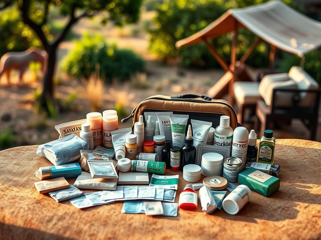 A stylish and well-organized travel medical kit rests on a textured beige surface, illuminated by warm, natural lighting. In the foreground, an array of essential items are neatly arranged, including bandages, antiseptic creams, medications, and personal hygiene products. The middle ground features a safari-themed background, with a backdrop of lush, green foliage and a hint of a safari tent in the distance, conveying a sense of adventurous exploration. The overall mood is one of practicality, organization, and a touch of rugged elegance, perfectly suited for the "Safari-Kleidung Packliste: Die wichtigsten Dinge" article and the "Reiseapotheke und hygienische Essentials" section. A stylish and well-organized travel medical kit rests on a textured beige surface, illuminated by warm, natural lighting. In the foreground, an array of essential items are neatly arranged, including bandages, antiseptic creams, medications, and personal hygiene products. The middle ground features a safari-themed background, with a backdrop of lush, green foliage and a hint of a safari tent in the distance, conveying a sense of adventurous exploration. The overall mood is one of practicality, organization, and a touch of rugged elegance, perfectly suited for the "Safari-Kleidung Packliste: Die wichtigsten Dinge" article and the "Reiseapotheke und hygienische Essentials" section.