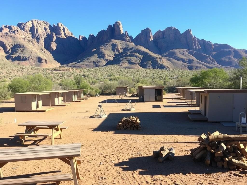 A sun-dappled campsite nestled in the rugged Namibian landscape, with a well-organized layout of discrete camping spots, each with a sturdy wooden platform and a small shelter for shade. In the foreground, a picnic table and benches invite visitors to gather, while a neatly stacked pile of firewood stands nearby, ready to be kindled for warmth and ambiance. The middle ground features clean, well-maintained facilities, including a modern ablution block and a central water point. Towering granite peaks rise in the distance, casting long shadows across the scene. The overall atmosphere exudes a sense of tranquility, safety, and connection with the natural environment. A sun-dappled campsite nestled in the rugged Namibian landscape, with a well-organized layout of discrete camping spots, each with a sturdy wooden platform and a small shelter for shade. In the foreground, a picnic table and benches invite visitors to gather, while a neatly stacked pile of firewood stands nearby, ready to be kindled for warmth and ambiance. The middle ground features clean, well-maintained facilities, including a modern ablution block and a central water point. Towering granite peaks rise in the distance, casting long shadows across the scene. The overall atmosphere exudes a sense of tranquility, safety, and connection with the natural environment.