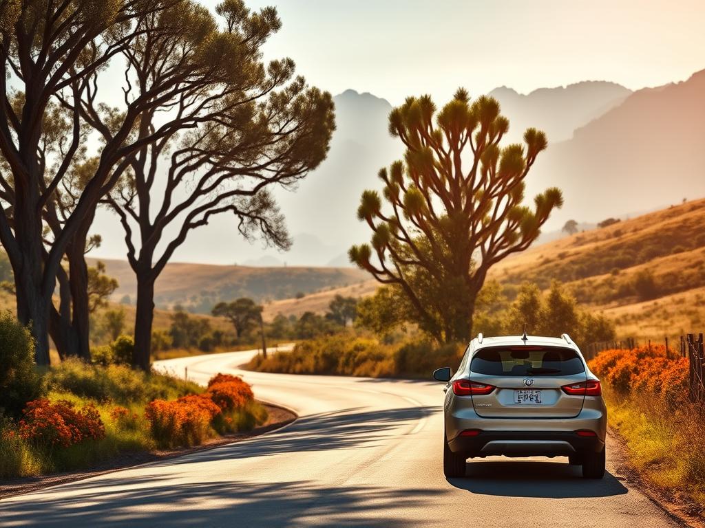 A sun-dappled rural road winds through the lush, rolling hills of South Africa's countryside. In the foreground, a mid-size rental car navigates the winding tarmac, its sleek lines and gleaming chrome reflecting the warm golden light. Towering eucalyptus trees and vibrant wildflowers line the roadside, creating a picturesque natural backdrop. Distant mountains rise up on the horizon, their peaks shrouded in a hazy blue mist. The scene conveys a sense of peaceful exploration, with the rental car symbolizing the freedom and flexibility to discover South Africa's scenic byways at one's own pace.