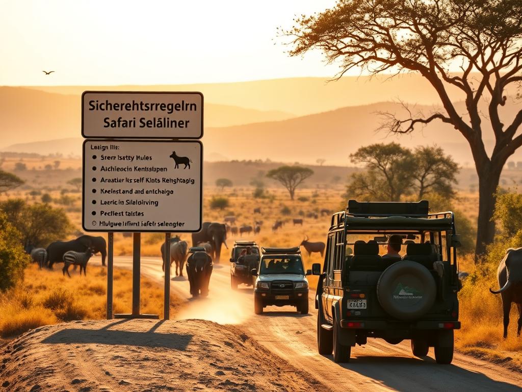A sun-dappled savanna landscape, with a group of self-drive safari vehicles navigating a dusty trail. In the foreground, a large road sign clearly displays essential safety rules and guidelines for self-driving safaris - "Sicherheitsregeln Safari Selbstfahrer". The middle ground features a diverse array of African wildlife, including elephants, zebras, and antelopes, grazing peacefully against a backdrop of rolling hills and acacia trees. The scene is bathed in warm, golden light, capturing the serene and awe-inspiring atmosphere of the Hluhluwe-iMfolozi Park. The image conveys a sense of adventure, education, and respect for the natural world.