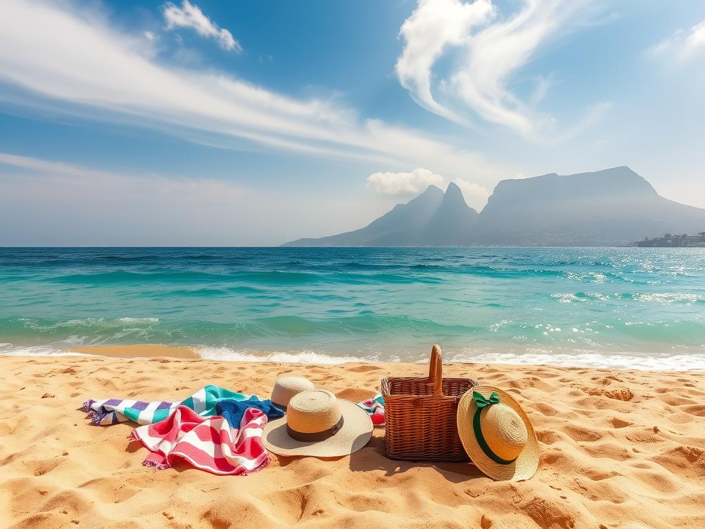 A sun-drenched beach in Kapstadt, with a carefully curated assortment of beach essentials artfully arranged in the foreground. A wide-angle lens captures the expansive scene, showcasing the azure ocean waves gently lapping the golden sands. In the middle ground, colorful beach towels, stylish sunhats, and a picnic basket sit ready for a leisurely day by the sea. Soft, diffused lighting filters through wispy clouds, creating a warm, inviting atmosphere. The background features the iconic silhouettes of Table Mountain and Lion's Head, completing the quintessential Kapstadt seaside panorama. This image embodies the joy and relaxation of an unforgettable Strandtag experience.