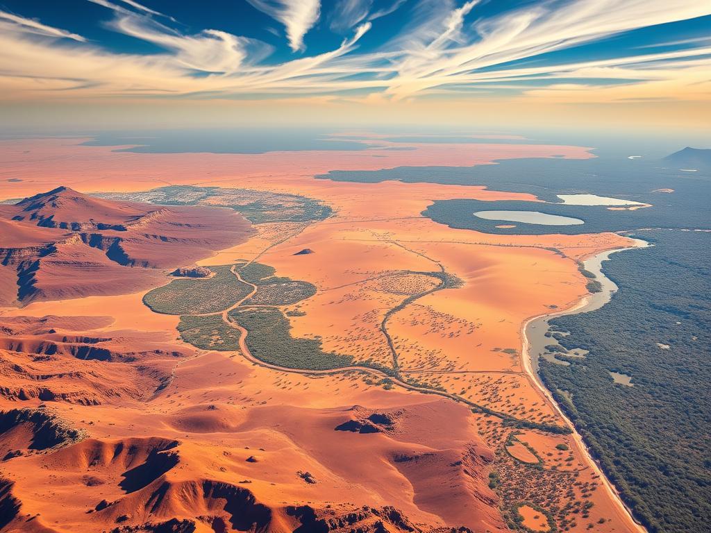 A sweeping aerial view of the African continent, showcasing a diverse range of stunning landscapes and captivating destinations. In the foreground, rugged mountains and vast deserts stretch out, with hues of ochre, sienna, and burnt umber. In the middle ground, lush savannas teeming with wildlife - herds of elephants, gazelles, and wildebeests roam freely. Towards the horizon, shimmering lakes and rivers wind through the terrain, surrounded by lush, verdant forests. The sky is painted in warm, golden hues, with wispy clouds drifting overhead, creating a serene and majestic atmosphere. The image conveys the boundless beauty and diversity of Africa, inviting the viewer to explore these additional travel destinations, from the untamed wilderness of Namibia to the pristine landscapes of Botswana.