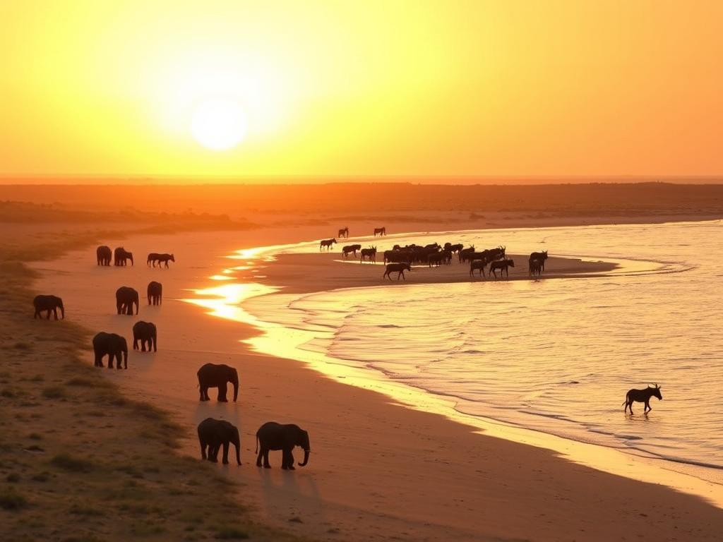 A sweeping coastal landscape under a golden sunset, with a herd of elephants grazing peacefully along the shore. In the distance, a group of wildebeests and zebras gather at a tranquil watering hole, their silhouettes reflected in the still waters. The scene is bathed in warm, soft lighting, captured through a wide-angle lens with a shallow depth of field, drawing the viewer's attention to the serene interplay of wildlife and nature. This idyllic African safari-beach destination evokes a sense of adventure and relaxation, perfectly capturing the essence of the "Top Destinations for Wildlife and Beach" section. A sweeping coastal landscape under a golden sunset, with a herd of elephants grazing peacefully along the shore. In the distance, a group of wildebeests and zebras gather at a tranquil watering hole, their silhouettes reflected in the still waters. The scene is bathed in warm, soft lighting, captured through a wide-angle lens with a shallow depth of field, drawing the viewer's attention to the serene interplay of wildlife and nature. This idyllic African safari-beach destination evokes a sense of adventure and relaxation, perfectly capturing the essence of the "Top Destinations for Wildlife and Beach" section.