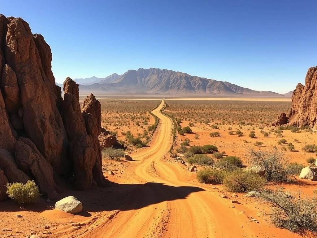 A sweeping landscape of Damaraland, Namibia, captured with a wide-angle lens. In the foreground, rugged, sun-baked rock formations jut out dramatically, casting long shadows across the desert floor. The middle ground features a winding, dusty road leading into the distance, flanked by sparse, hardy vegetation. In the background, a towering mountain range rises majestically, its peaks shrouded in a hazy, golden light. The overall scene exudes a sense of remote, timeless wilderness, inviting the viewer to embark on an adventurous journey of discovery through this captivating corner of the African continent.