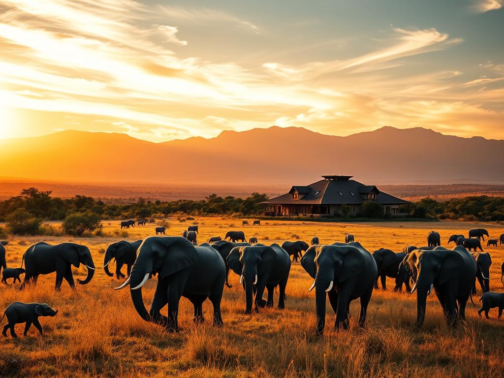 A sweeping panorama of Africa's most luxurious safari destinations, captured in rich, vibrant colors. In the foreground, a herd of majestic elephants graze peacefully, their massive frames silhouetted against a breathtaking savanna landscape. The middle ground features a luxury safari lodge, its elegant architecture blending seamlessly with the natural surroundings. In the distance, a dramatic mountainous skyline frames the scene, bathed in warm, golden sunlight that filters through wispy clouds. The overall composition conveys a sense of tranquility, exclusivity, and the promise of an unforgettable, five-star African adventure.
