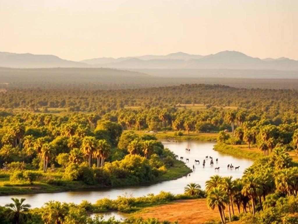 A sweeping panorama of the Chobe Riverfront Region in Botswana's Chobe National Park. In the foreground, a tranquil river winding through lush, verdant riverbanks dotted with towering palm trees. Herds of elephants and grazing antelopes bask in the warm, golden light of the African sun. In the middle ground, a dense, mysterious forest canopy conceals the bustling wildlife. Distant, undulating hills form the backdrop, their silhouettes hazy under the soft, hazy atmosphere. The scene conveys a sense of serene, untamed wilderness, capturing the essence of this breathtaking sector of the Chobe National Park.
