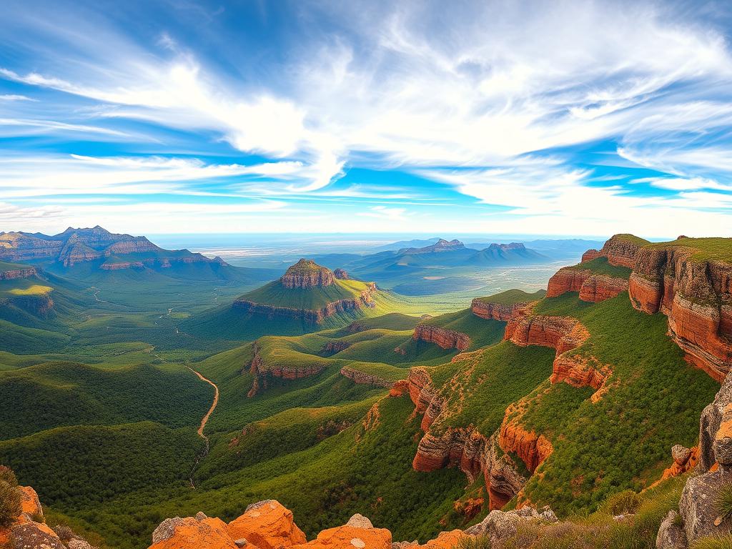 A sweeping panorama of the Panorama Route in South Africa, captured from the Highlights Aussichtspunkt viewpoint. A dramatic landscape unfolds, with rugged mountains and deep gorges carved by ancient rivers. Vibrant greens of lush forests contrast with the ochre hues of rocky cliffs, bathed in warm golden light. The viewpoint offers an unobstructed vista, drawing the eye across a vast, undulating terrain dotted with distant peaks. Wispy clouds drift overhead, casting ever-changing shadows upon the scene below. A sense of tranquility and wonder pervades, inviting the viewer to immerse themselves in the beauty of this remarkable natural wonder. A sweeping panorama of the Panorama Route in South Africa, captured from the Highlights Aussichtspunkt viewpoint. A dramatic landscape unfolds, with rugged mountains and deep gorges carved by ancient rivers. Vibrant greens of lush forests contrast with the ochre hues of rocky cliffs, bathed in warm golden light. The viewpoint offers an unobstructed vista, drawing the eye across a vast, undulating terrain dotted with distant peaks. Wispy clouds drift overhead, casting ever-changing shadows upon the scene below. A sense of tranquility and wonder pervades, inviting the viewer to immerse themselves in the beauty of this remarkable natural wonder.