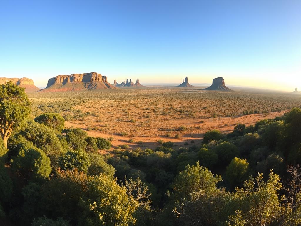 A sweeping panorama of the diverse climate zones of South Africa, captured in a wide-angle lens. In the foreground, a lush, verdant landscape with towering trees and vibrant foliage, characteristic of the subtropical regions. In the middle ground, rolling hills and grasslands, dotted with hardy shrubs and scattered acacia trees, representing the temperate climates. The background reveals a stark, arid desert landscape, with towering rock formations and a hazy, sun-drenched sky, signifying the country's drier, semi-desert regions. The scene is illuminated by warm, golden sunlight, casting long shadows and creating a sense of depth and atmosphere. The overall composition conveys the vast geographical and climatic diversity that defines the natural beauty of South Africa.