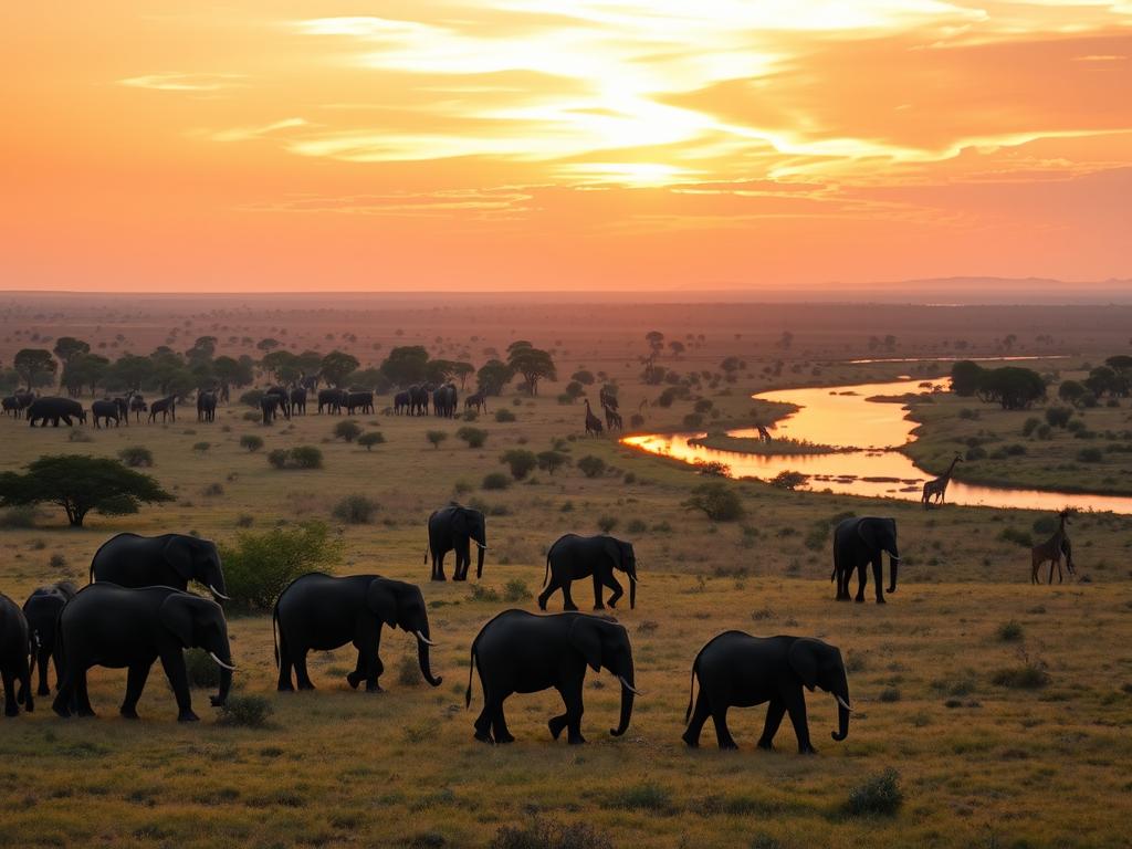 A sweeping panoramic view of a lush African game reserve, captured through the lens of a professional wildlife photographer. In the foreground, a herd of majestic elephants grazes peacefully, their massive bodies silhouetted against a warm, golden sunset. The middle ground is dotted with acacia trees, casting long shadows across the savanna. In the distance, a winding river reflects the vibrant orange and pink hues of the sky, as a family of giraffes strolls along the banks. The overall scene exudes a sense of tranquility and harmony, inviting the viewer to immerse themselves in the authentic, unspoiled wilderness of a renowned game reserve.