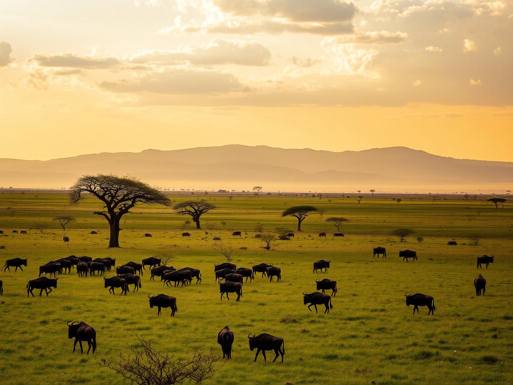 A sweeping vista of the Masai Mara, Kenya, captured in soft golden light. In the foreground, a herd of grazing wildebeest meanders across the lush, undulating grasslands. Scattered acacia trees dot the midground, their gnarled branches reaching towards a boundless, cloud-dotted sky. In the distance, the rugged silhouettes of the Mara hills rise, bathed in the warm glow of the setting sun. Gentle breezes carry the scent of earth and wild herbs, evoking the untamed essence of this iconic African landscape. A serene, timeless scene that encapsulates the unique climate and weather of the Masai Mara region.