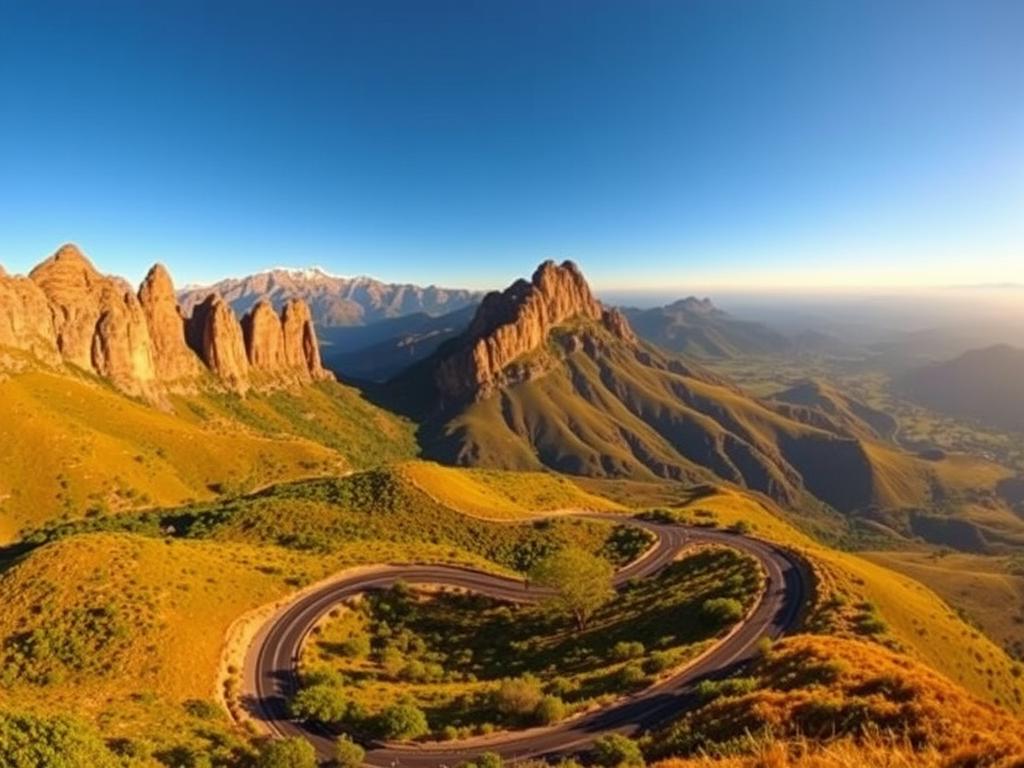 A sweeping vista of the Panorama Route in South Africa, captured with a wide-angle lens to showcase the dramatic landscape. In the foreground, a winding road winds through lush, rolling hills dotted with vibrant greenery. Towering cliffs and rocky outcroppings rise majestically in the middle ground, their rugged, weathered surfaces bathed in warm, golden sunlight. The background is dominated by a vast, panoramic view of the Drakensberg mountains, their peaks capped with a dusting of snow. The scene exudes a sense of serene, untamed beauty, inviting the viewer to embark on an unforgettable journey through this breathtaking region. A sweeping vista of the Panorama Route in South Africa, captured with a wide-angle lens to showcase the dramatic landscape. In the foreground, a winding road winds through lush, rolling hills dotted with vibrant greenery. Towering cliffs and rocky outcroppings rise majestically in the middle ground, their rugged, weathered surfaces bathed in warm, golden sunlight. The background is dominated by a vast, panoramic view of the Drakensberg mountains, their peaks capped with a dusting of snow. The scene exudes a sense of serene, untamed beauty, inviting the viewer to embark on an unforgettable journey through this breathtaking region.