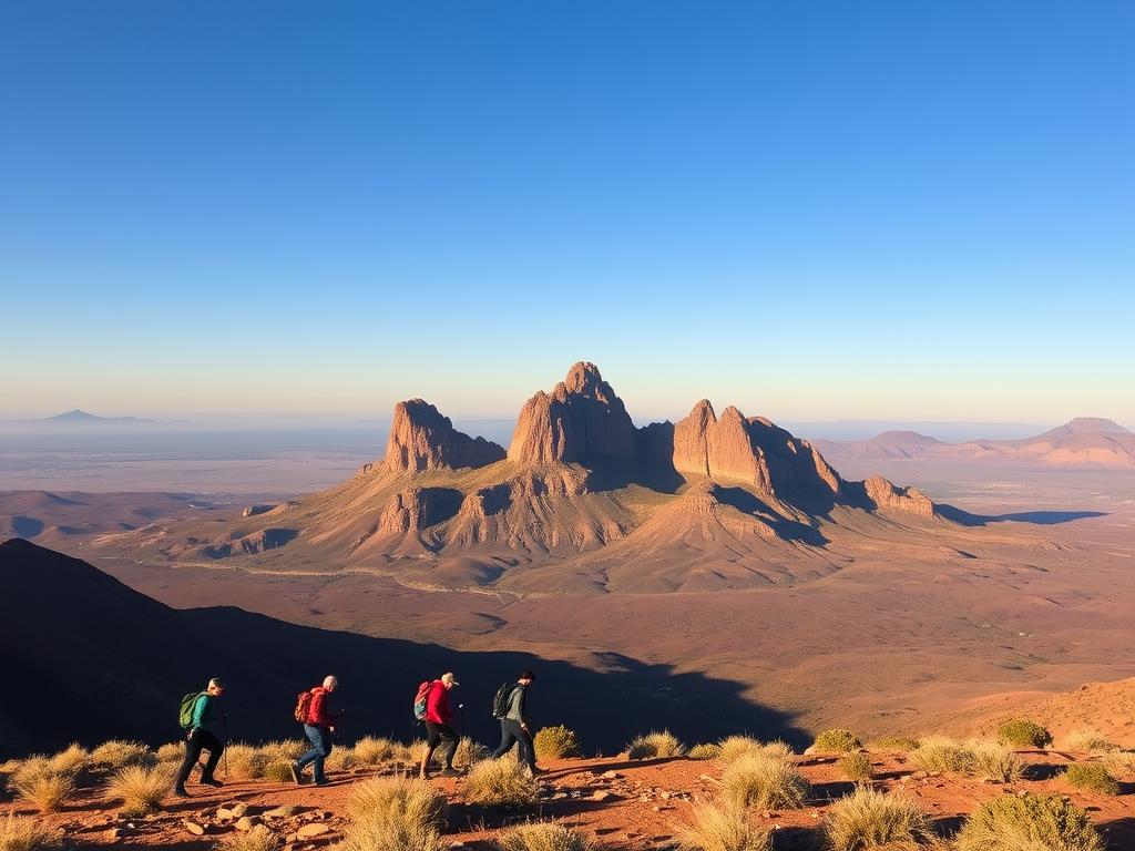 A sweeping vista of the majestic Spitzkoppe mountain range in Namibia, captured under the warm glow of the afternoon sun. In the foreground, a group of hikers carefully navigates the rugged terrain, their silhouettes casting long shadows. The middle ground reveals the distinctive granite peaks rising against a cloudless azure sky, their jagged edges sculpted by the elements over millennia. In the background, rolling hills and distant mountains fade into the hazy horizon, creating a sense of depth and scale. The scene conveys a serene and adventurous atmosphere, inviting the viewer to embark on a guided exploration of this remarkable natural wonder. A sweeping vista of the majestic Spitzkoppe mountain range in Namibia, captured under the warm glow of the afternoon sun. In the foreground, a group of hikers carefully navigates the rugged terrain, their silhouettes casting long shadows. The middle ground reveals the distinctive granite peaks rising against a cloudless azure sky, their jagged edges sculpted by the elements over millennia. In the background, rolling hills and distant mountains fade into the hazy horizon, creating a sense of depth and scale. The scene conveys a serene and adventurous atmosphere, inviting the viewer to embark on a guided exploration of this remarkable natural wonder.