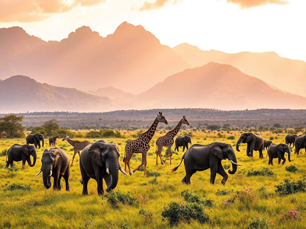 A thrilling safari experience in the vast expanse of African national parks. Majestic elephants roam through lush, verdant grasslands, their powerful movements captured in a dramatic wide-angle shot. Giraffes gracefully stride across the middle ground, their long necks silhouetted against a warm, golden sky. In the background, towering mountains rise, their rugged peaks bathed in soft, diffused lighting. The scene exudes a sense of timeless, untamed wilderness, inviting the viewer to immerse themselves in the awe-inspiring beauty of the natural world. A thrilling safari experience in the vast expanse of African national parks. Majestic elephants roam through lush, verdant grasslands, their powerful movements captured in a dramatic wide-angle shot. Giraffes gracefully stride across the middle ground, their long necks silhouetted against a warm, golden sky. In the background, towering mountains rise, their rugged peaks bathed in soft, diffused lighting. The scene exudes a sense of timeless, untamed wilderness, inviting the viewer to immerse themselves in the awe-inspiring beauty of the natural world.