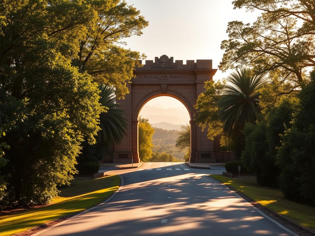 A towering memorial gate stands at the entrance of the Hluhluwe-iMfolozi Park, its majestic arches and carved details welcoming visitors. The winding road leading up to the gate is flanked by lush, verdant foliage, casting dappled shadows across the path. Warm, golden sunlight filters through the trees, creating a serene and inviting atmosphere. In the distance, the silhouettes of distant hills and mountains can be seen, hinting at the vast, untamed wilderness that lies beyond the gate. The scene evokes a sense of anticipation and adventure, foreshadowing the incredible African wildlife and natural wonders that await within the park.