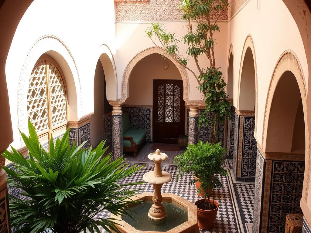 A traditional Riad nestled in the heart of Essaouira's ancient medina, its ornate archways and intricate tilework framing a tranquil central courtyard. Sunlight filters through the latticed windows, casting warm shadows upon the serene fountain and lush foliage. The atmosphere exudes an aura of timeless Moroccan hospitality, inviting the weary traveler to rest and immerse themselves in the charm of this historic quarter. A cozy yet stylish sanctuary, this Riad offers an authentic experience of Essaouira's captivating old town. A traditional Riad nestled in the heart of Essaouira's ancient medina, its ornate archways and intricate tilework framing a tranquil central courtyard. Sunlight filters through the latticed windows, casting warm shadows upon the serene fountain and lush foliage. The atmosphere exudes an aura of timeless Moroccan hospitality, inviting the weary traveler to rest and immerse themselves in the charm of this historic quarter. A cozy yet stylish sanctuary, this Riad offers an authentic experience of Essaouira's captivating old town.