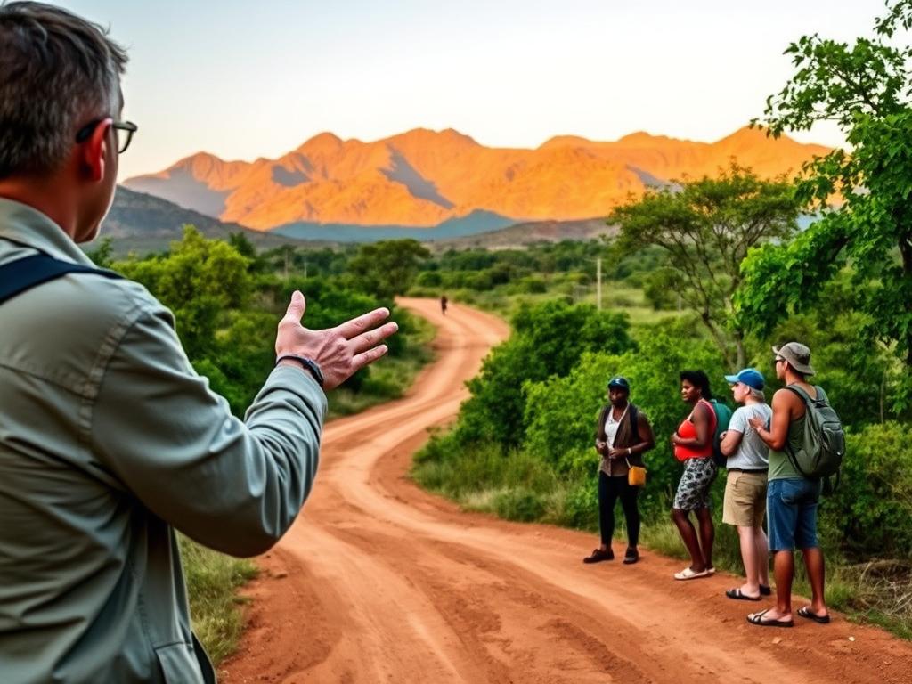 A tranquil African landscape unfolds, with a group of travelers embarking on an adventure. In the foreground, a tour guide gestures animatedly, explaining the itinerary and safety protocols to the attentive group. The middle ground features a well-maintained dirt road winding through lush, verdant foliage, hinting at the pristine wilderness ahead. In the background, majestic mountains rise, their peaks bathed in warm, golden sunlight. The scene exudes a sense of anticipation and careful planning, capturing the essence of "Planung und Sicherheit auf Gruppenreisen in Afrika."