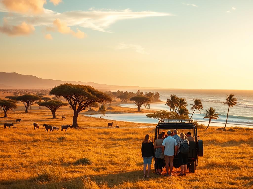 A vast African savanna stretches out, dotted with towering acacia trees and grazing wildlife. In the distance, a pristine white-sand beach meets the turquoise waters of the Indian Ocean, palm trees swaying gently. In the foreground, a group of adventurous travelers stand, their safari jeep visible behind them. The warm, golden light of the setting sun bathes the scene, creating a sense of tranquility and exploration. Soft, wispy clouds drift overhead, and the overall atmosphere evokes a perfect blend of adrenaline-fueled adventure and serene relaxation - the essence of a combined safari and beach vacation. A vast African savanna stretches out, dotted with towering acacia trees and grazing wildlife. In the distance, a pristine white-sand beach meets the turquoise waters of the Indian Ocean, palm trees swaying gently. In the foreground, a group of adventurous travelers stand, their safari jeep visible behind them. The warm, golden light of the setting sun bathes the scene, creating a sense of tranquility and exploration. Soft, wispy clouds drift overhead, and the overall atmosphere evokes a perfect blend of adrenaline-fueled adventure and serene relaxation - the essence of a combined safari and beach vacation.