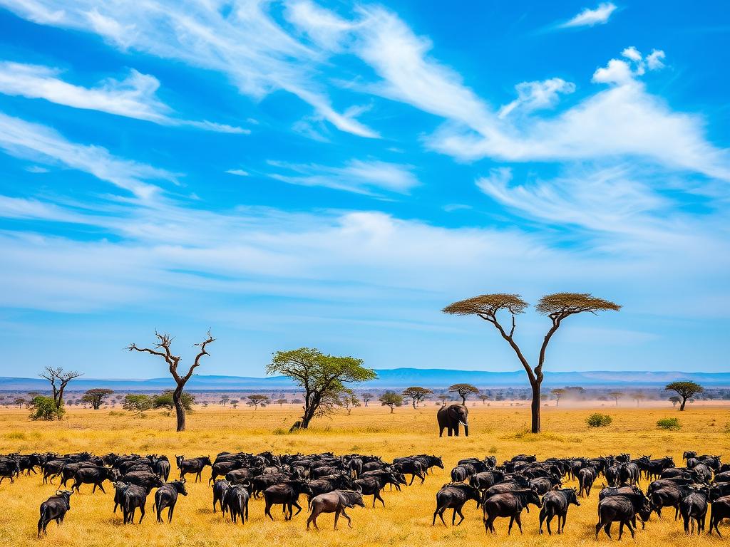 A vast and varied savanna landscape, where the rhythms of rain and drought shape the lives of countless creatures. In the foreground, a herd of wildebeest graze peacefully, their vigilant eyes scanning the horizon for any signs of danger. The middle ground is dotted with acacia trees, their gnarled branches casting dappled shadows on the tawny grasslands below. In the distance, a lone elephant ambles through the shimmering heat haze, its majestic presence a testament to the resilience of this ever-changing ecosystem. The sky above is a striking blend of azure and wispy cirrus clouds, hinting at the delicate balance between wet and dry seasons that is so crucial to the Masai Mara's diverse wildlife. A sense of tranquility and timelessness pervades the scene, inviting the viewer to pause and observe the ebb and flow of life in this remarkable corner of the natural world.