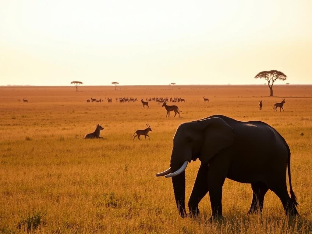 A vast savanna landscape under a warm, golden-hour glow. In the foreground, a majestic elephant family grazes peacefully, their massive forms casting long shadows. In the middle ground, a pride of lions lounges in the tall grass, their alert gazes scanning the horizon. Further back, a herd of graceful gazelles bounds across the plain, their delicate limbs blurring with motion. In the background, the iconic silhouettes of acacia trees dot the horizon, framing the scene. The overall atmosphere is one of tranquility and awe, capturing the essence of the Serengeti's untamed beauty and the captivating "Big Five" wildlife.