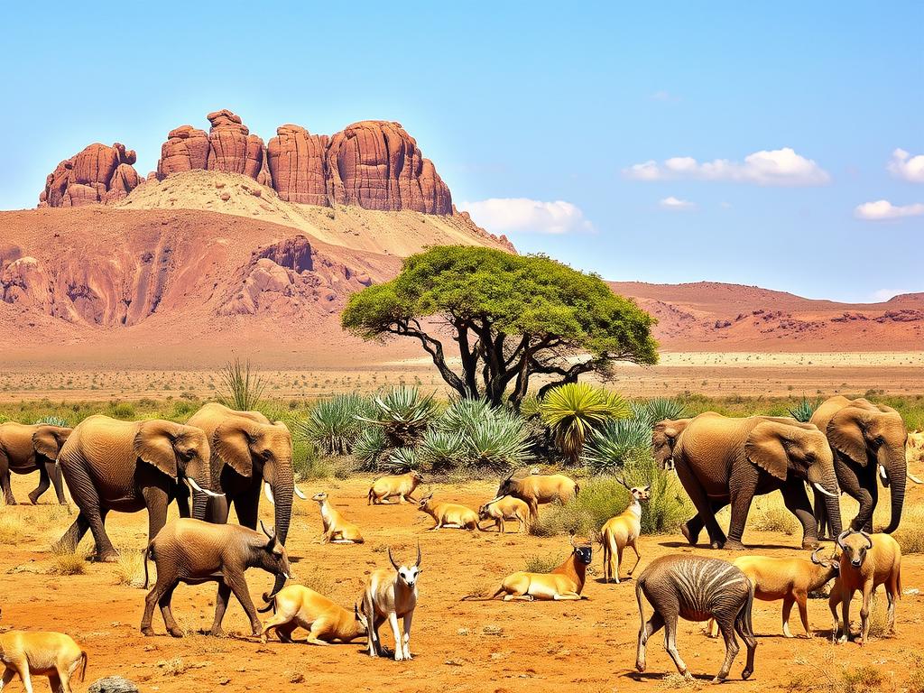 A vast, sun-drenched Namibian landscape, where weathered rocky outcrops rise against a cloudless sky. In the foreground, a herd of desert-adapted elephants, their leathery skin tones blending seamlessly with the arid terrain. Their powerful yet graceful movements, as they forage for sparse vegetation, evoke a sense of timeless resilience. Scattered among the elephants, a diverse array of desert-dwelling creatures - nimble springboks, curious meerkats, and majestic oryx with their striking horns. In the middle ground, a lush oasis of twisted, gnarly trees and vibrant succulents, a testament to the region's botanical wonders. The whole scene bathed in the warm, golden light of the Namibian sun, capturing the essence of Damaraland's unique and captivating wildlife.