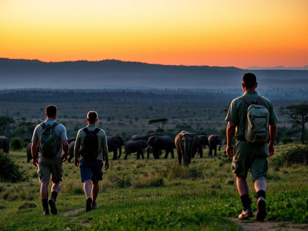 A vibrant African landscape at dusk, with a group of adventurers embarking on a walking safari. In the foreground, the silhouettes of two safari guides leading the way, their khaki uniforms and hiking boots visible. The middle ground features a herd of grazing elephants, their massive shapes casting long shadows under the soft, warm lighting. In the background, a panoramic vista of rolling hills, acacia trees, and a distant horizon painted in shades of orange and pink. The atmosphere is one of peaceful exploration, the perfect time of day for an immersive wildlife experience.