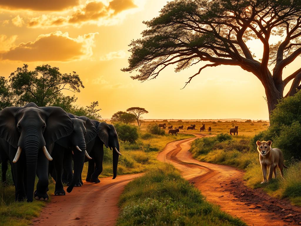 A vibrant African safari landscape, captured through the lens of a telephoto zoom. In the foreground, a herd of majestic elephants grazes peacefully, their huge frames silhouetted against a warm, golden-hour sky. The middle ground features a winding, dusty trail, flanked by lush, verdant foliage and the occasional acacia tree. In the distance, a pride of lions rests under the shade of a large baobab, their tawny coats glowing in the soft, filtered light. The overall scene conveys a sense of tranquility and wonder, inviting the viewer to immerse themselves in the natural splendor of the African wilderness.
